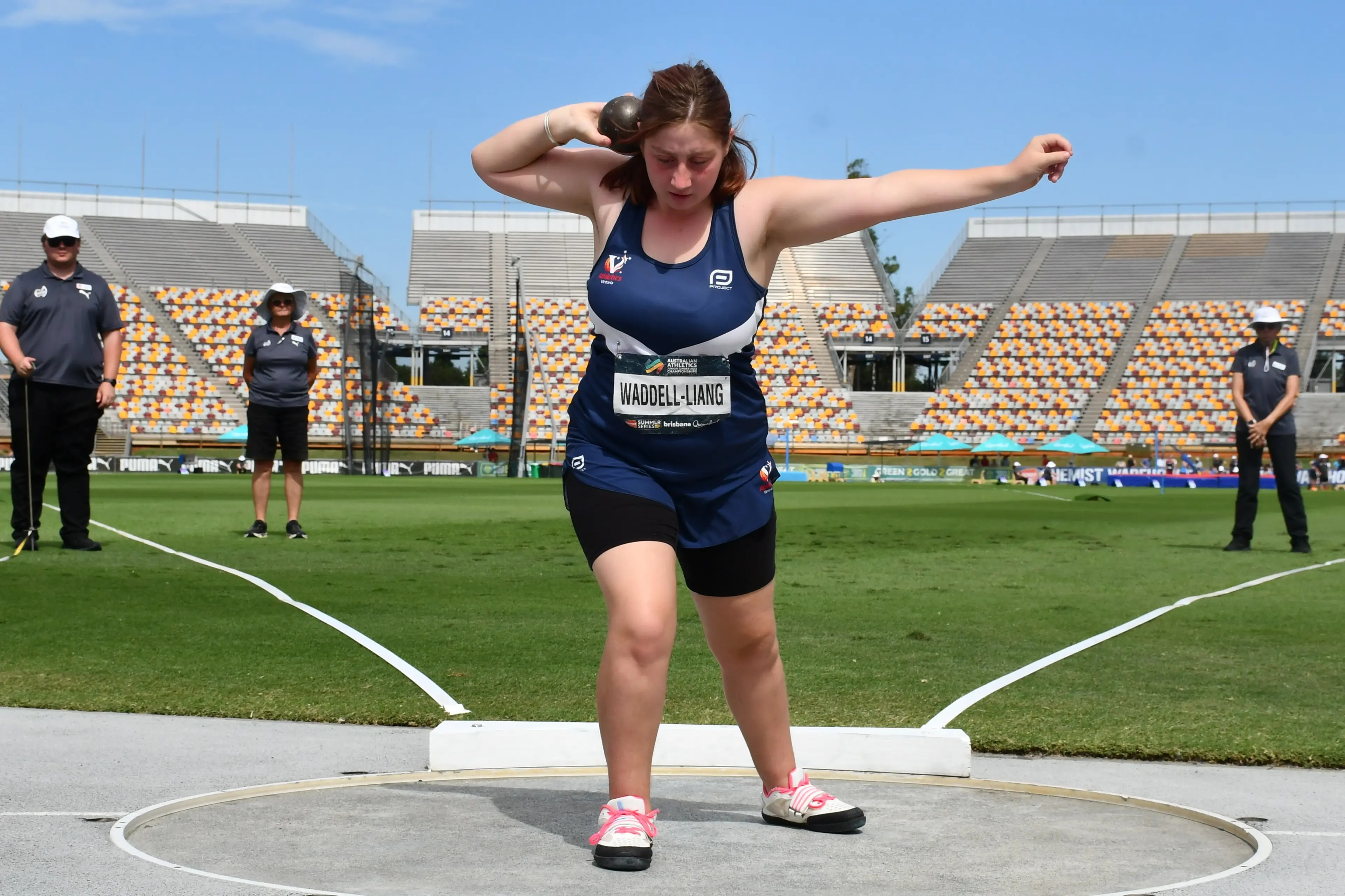 <p>ON THE NATIONAL STAGE: Victoria Waddell Liang competes in shot put at the national junior championships last week.  PHOTO: Sport Inclusion Australia </p>\\n