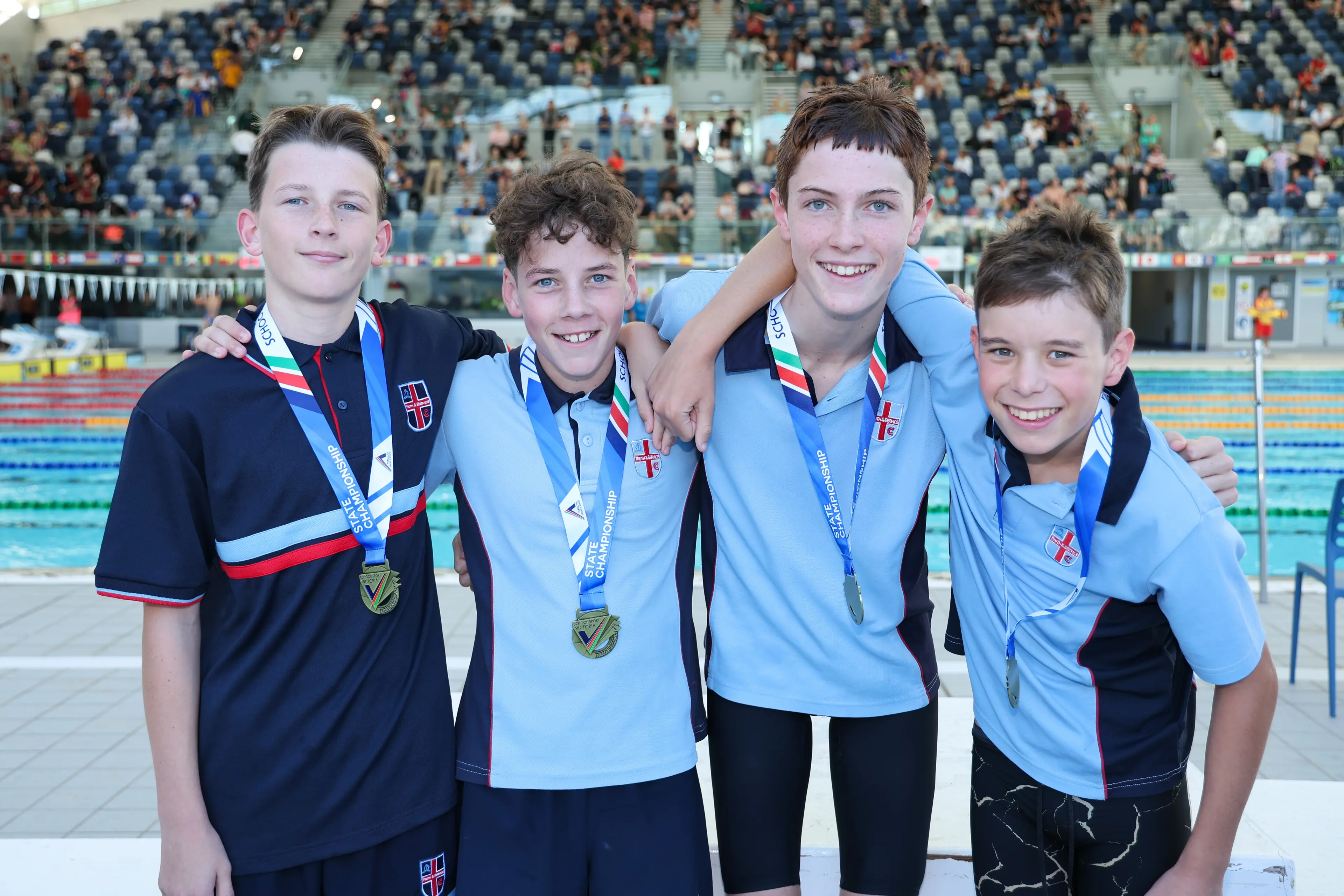 <p>THE FAB FOUR: The Cathedral College year seven boys relay team of (from left) Harvey Knight, Leo Palmer, Dylan Dickson and Logan Riordan claimed the state freestyle relay title.</p>\\n