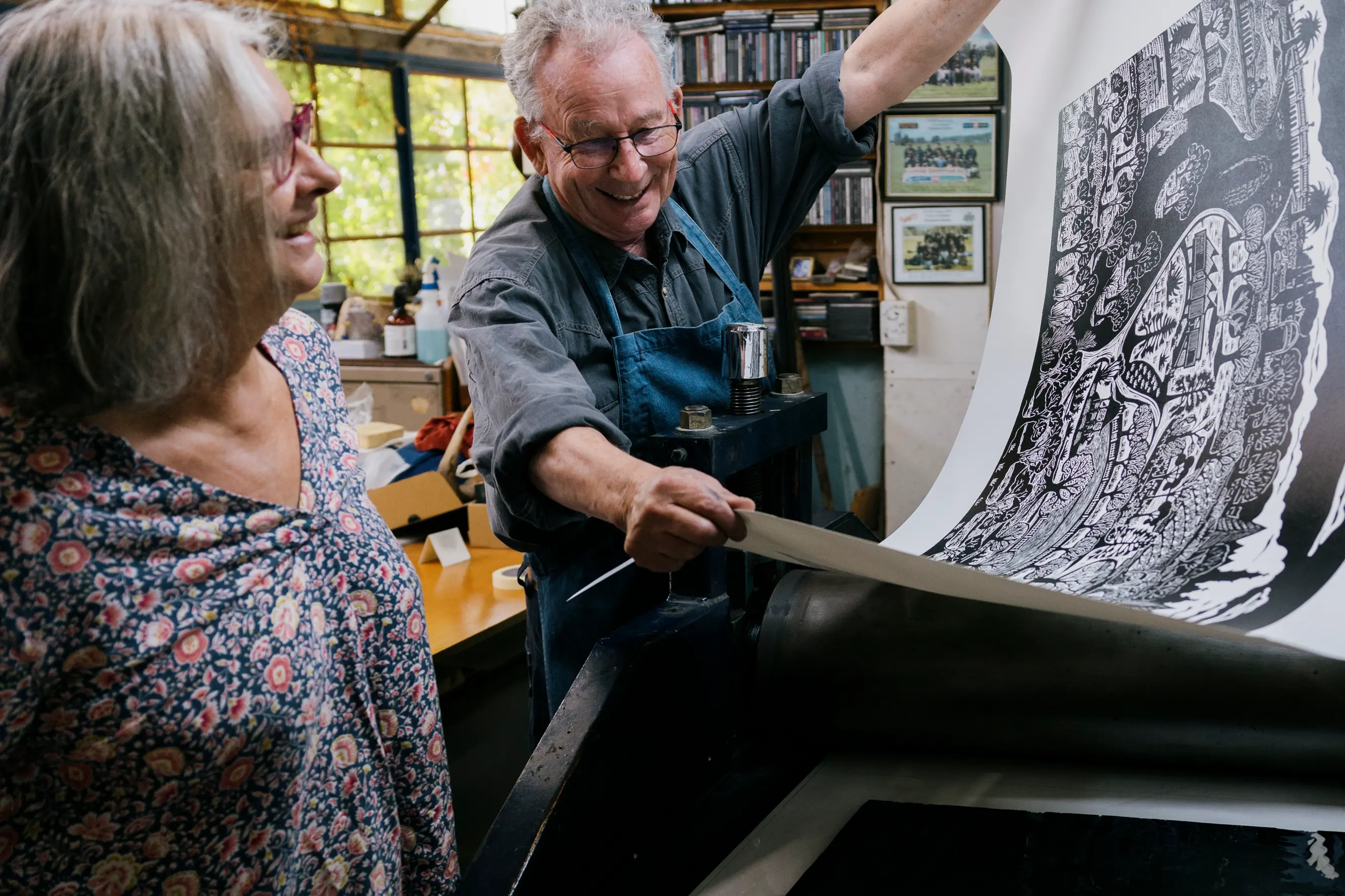 <p>TWOFOLD: Prints from King Valley locals Anita Laurence (left) and Billy Young are on display at the Benalla Art Gallery\\'s pop-up venue as part of the duo\\'s collaborative exhibition, \\'A creative partnership\\'. Here, they are pictured in their studio. PHOTO: James Bugg</p>\\n