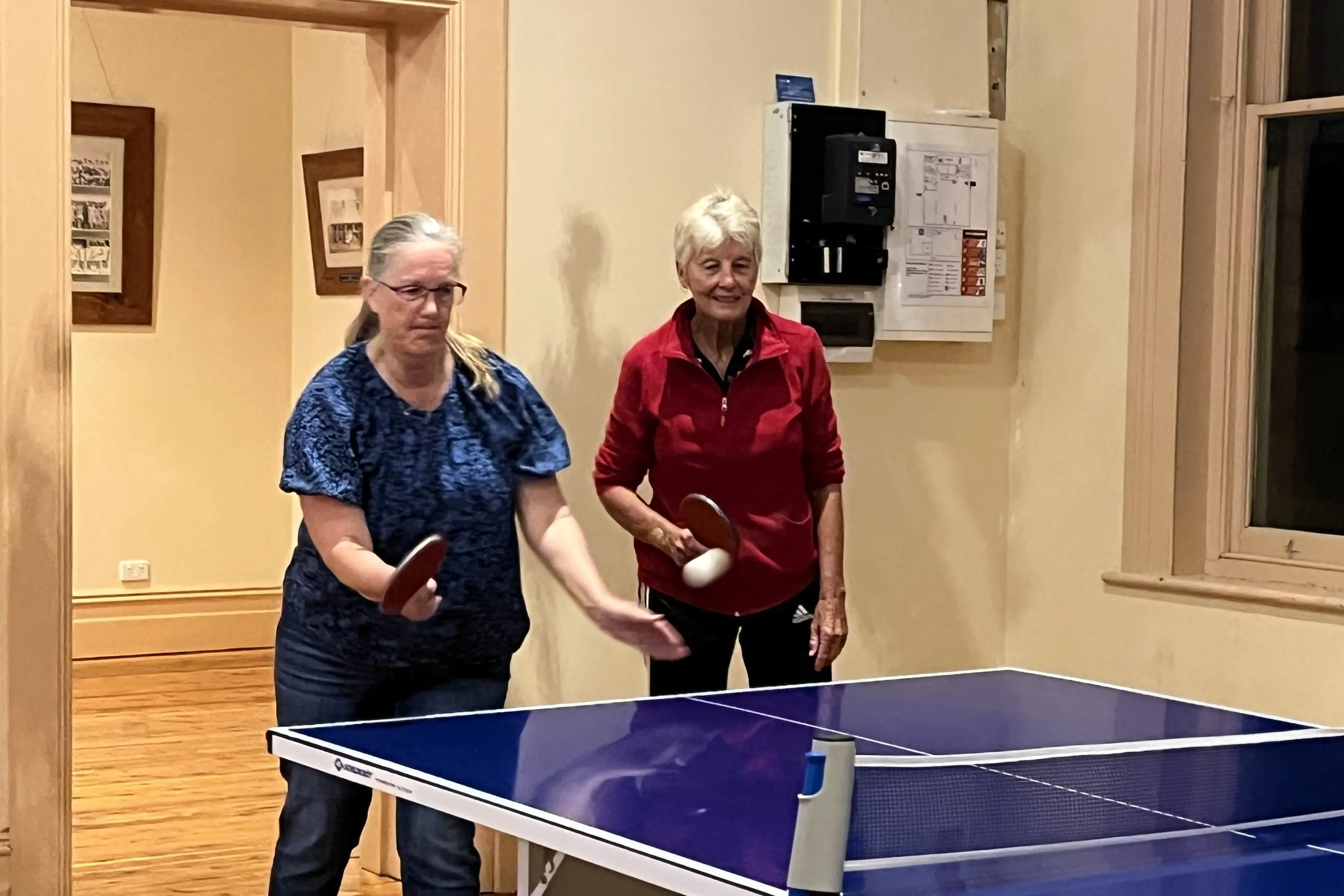 <p>DREAM TEAM: Debbie Brunken and Cheryl Coad serve to begin a new point. PHOTO: Neil Brock</p>\\n