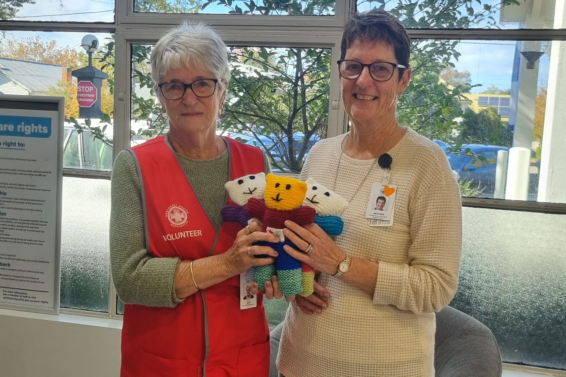 <p>WORKING TOGETHER: Volunteer Dot Jackson (left), pictured with Heather Wickham from NHW\\'s palliative care, helps to knit trauma teddies, which are provided to children and families during stressful or emotional hospital experiences. </p>\\n