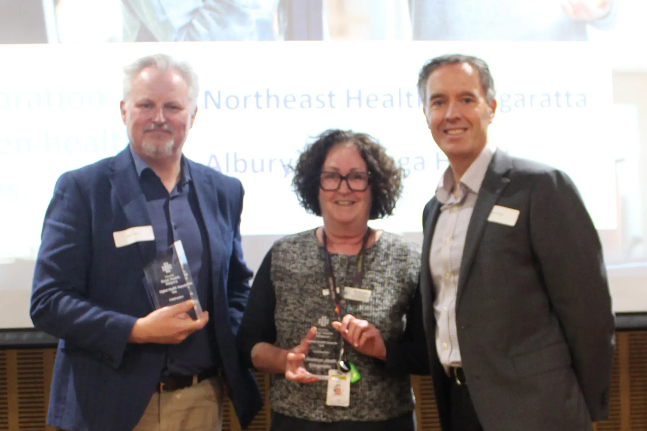 <p>AWARDED: Alan Tuxford (chief pharmacist at AWH), Kim Bennetts (executive director people and corporate operations NHW), and Matt Sharp (chair Hume Rural Health Alliance & Hume Local Health Service Network) with the Collaboration Between Health Services category award.</p>\\n