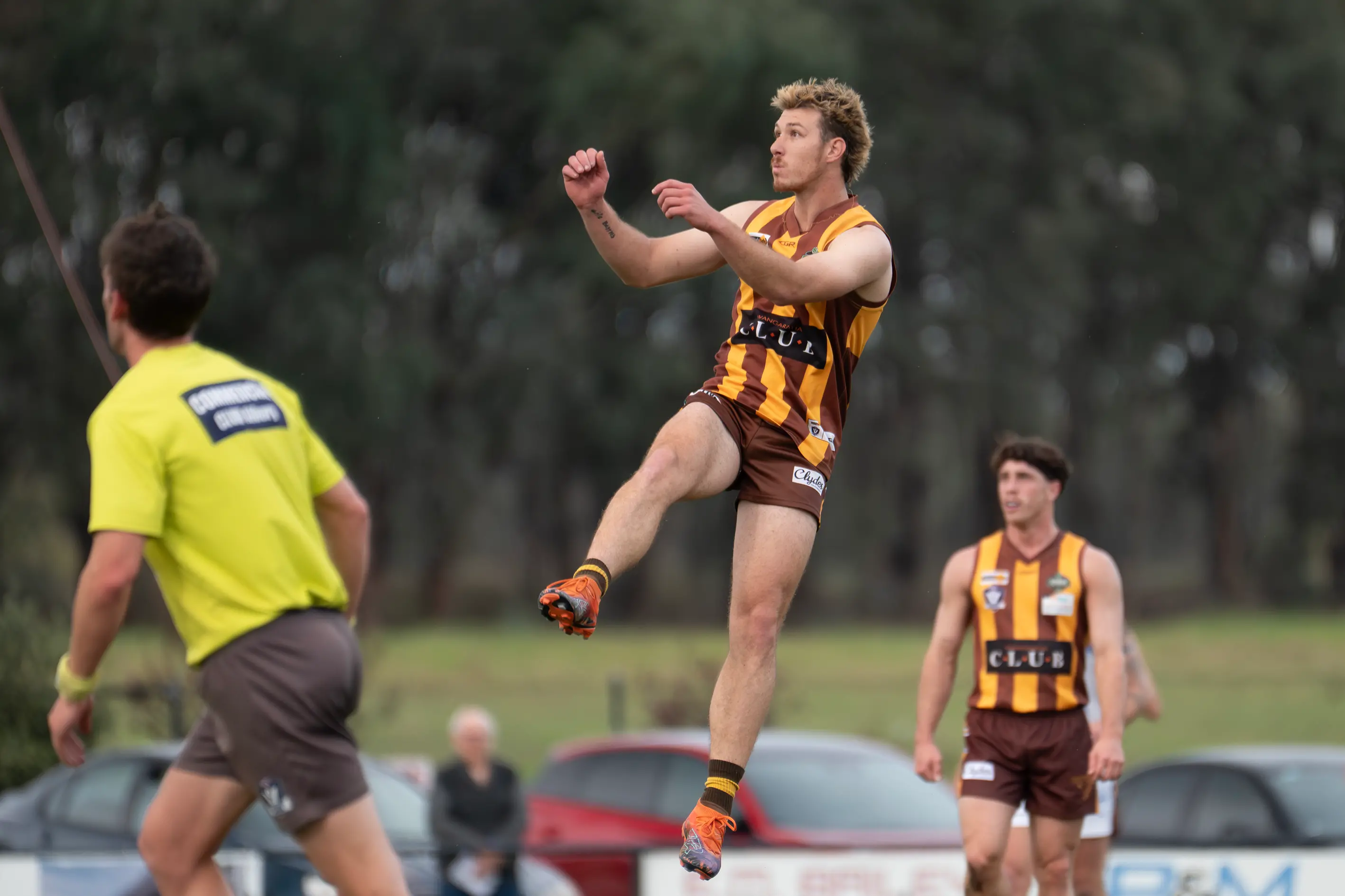 <p>AIR HAWK: Jayden Adamo gets some air after kicking one of his six goals. PHOTO: Melissa Beattie</p>\\n