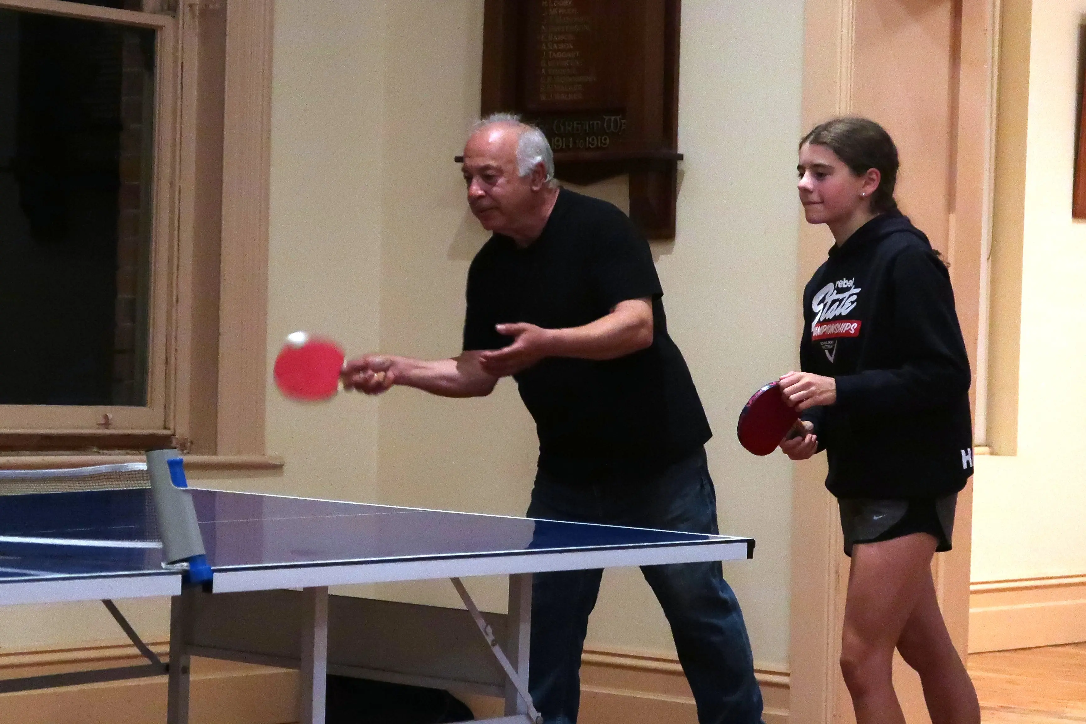 <p>GENERATIONAL TEAM-UP: Manni Poulos and Harriet Day partner at the Oxley table tennis meeting. PHOTO: Jason Mullins</p>\\n