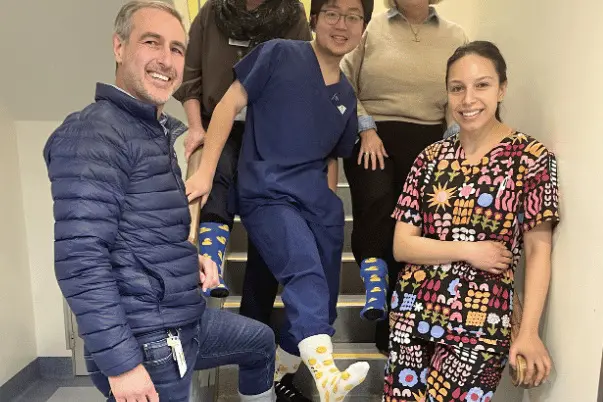 <p>FOOT FIRST: Among those taking part in Crazy Socks 4 Docs at Northeast Health Wangaratta this week are (from left) Dr Johann De Witt Oosthuizen, Kim Bennetts, Dr Allen Xiao, Rebecca Weir and Dr Alisha Cloti.</p>\\n