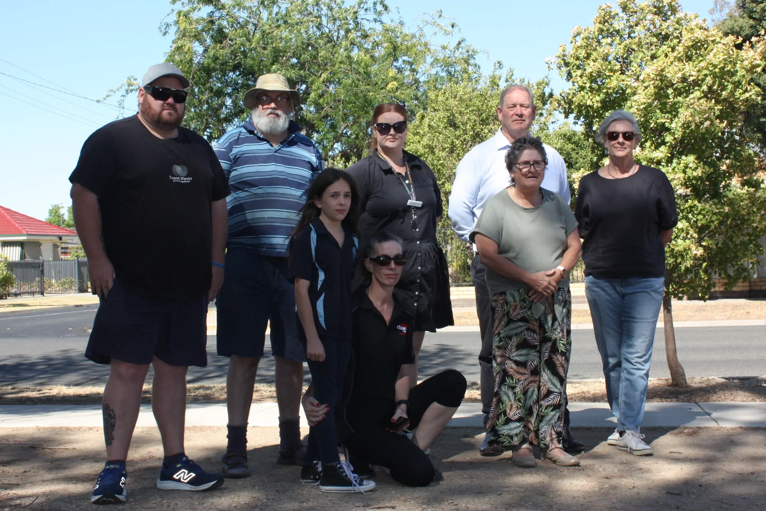 <p>CROSSING IN SIGHT: Peter Skinner (far left) invited locals to contribute to discussions on pedestrian safety in Appin Street earlier this year near the athletics track. Peter, his dad Cyril Skinner, Cr Ashlee Fitzpatrick, Nationals\\' MP for Ovens Valley Tim McCurdy, Cr Tania Maxwell; (front) Alexis Manson, Kylie Beardow and Peter\\'s mum Mary Skinner at the site. PHOTO: Grace Fredsberg</p>\\n