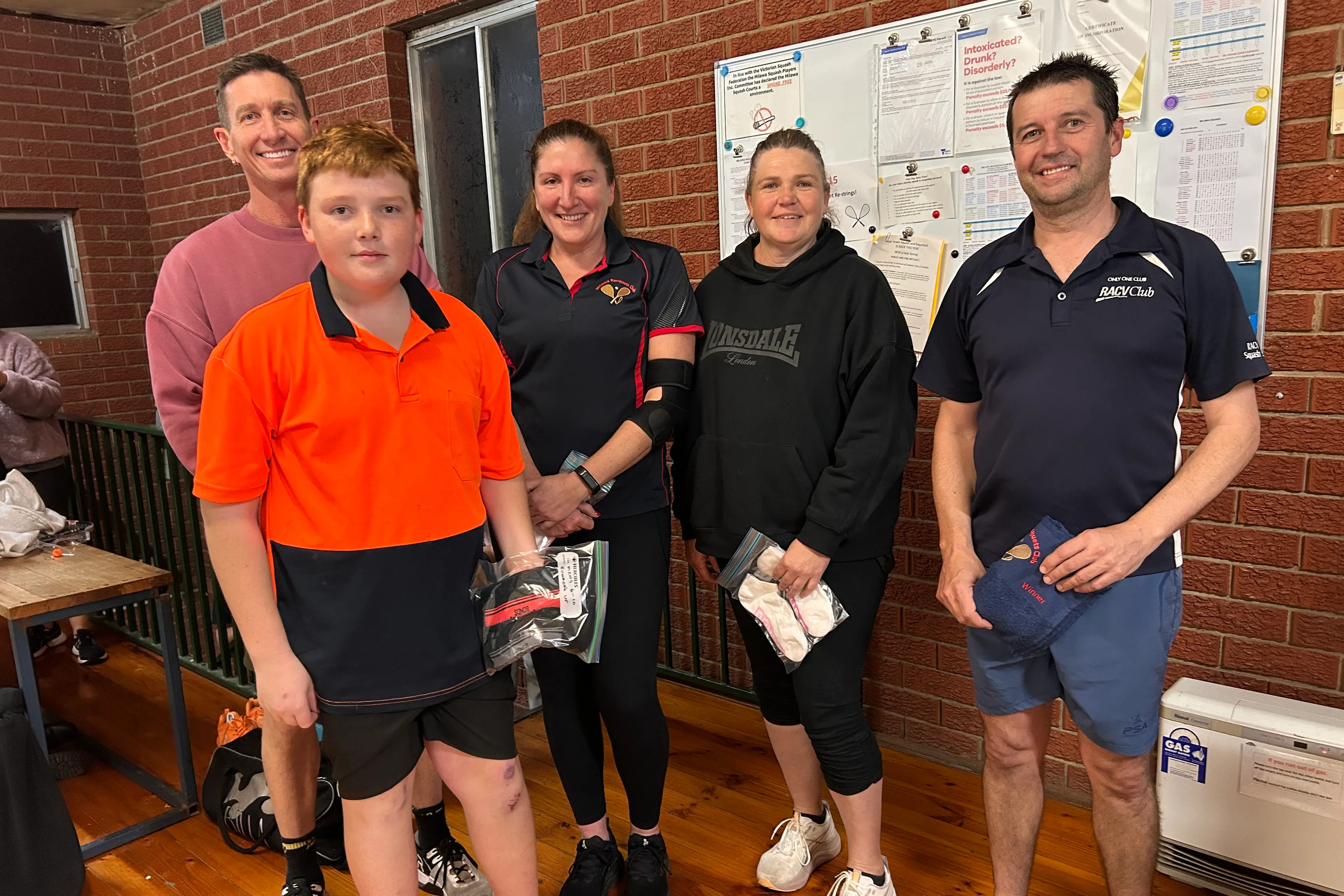 <p>CHAMPIONS: Winners of the Racquetball grand final, \\'Roman\\', with Andrew Reid, Conrad Gehrig, Meghan Gehrig, Cathy Collins, and Alistair Shaw.</p>\\n