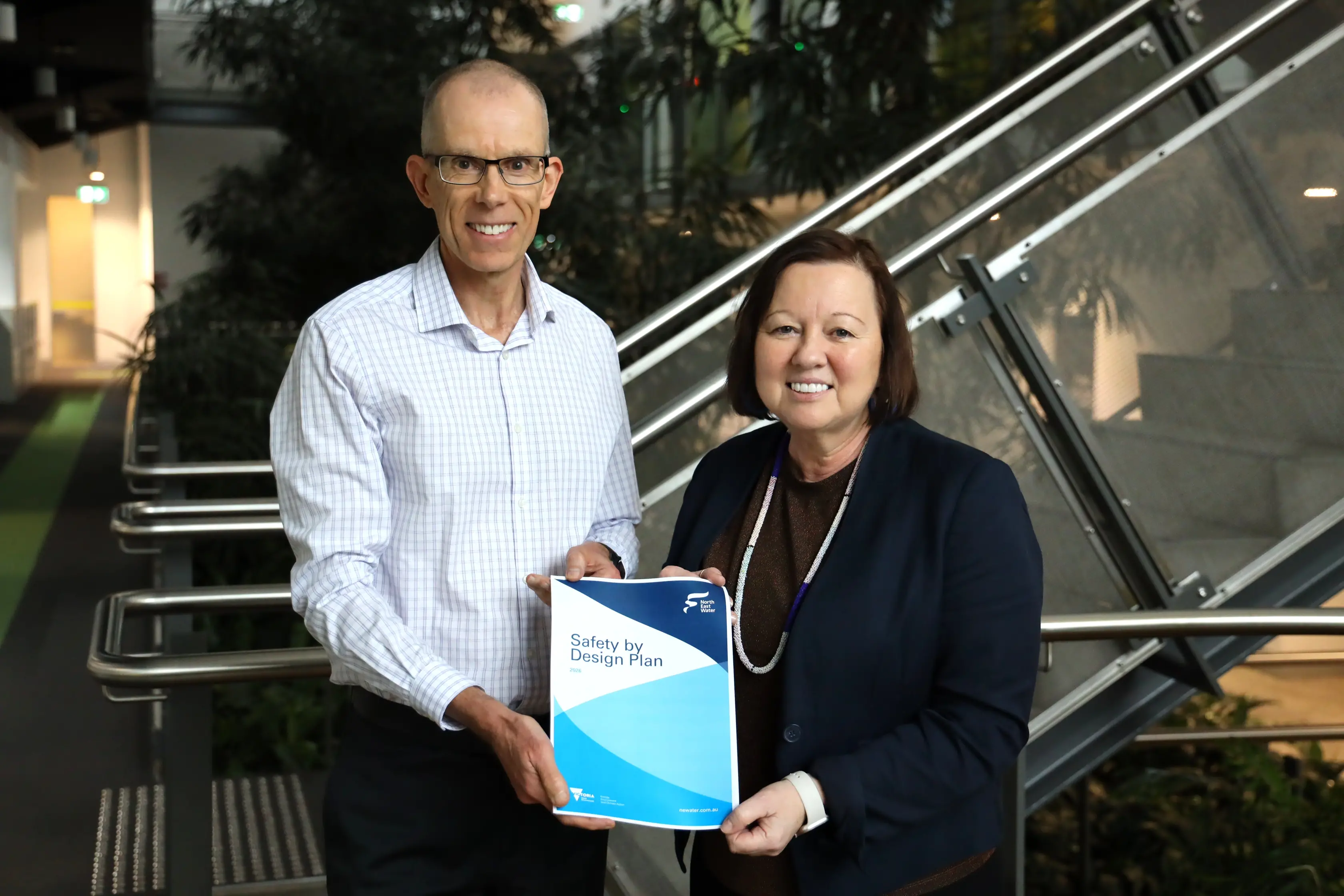 <p>CUSTOMER CARE PLAN: North East Water\\u2019s board chair Stephen Brown and managing director Jo Murdoch with the Safety By Design Plan that helps protect customers against domestic and financial abuse. </p>\\n