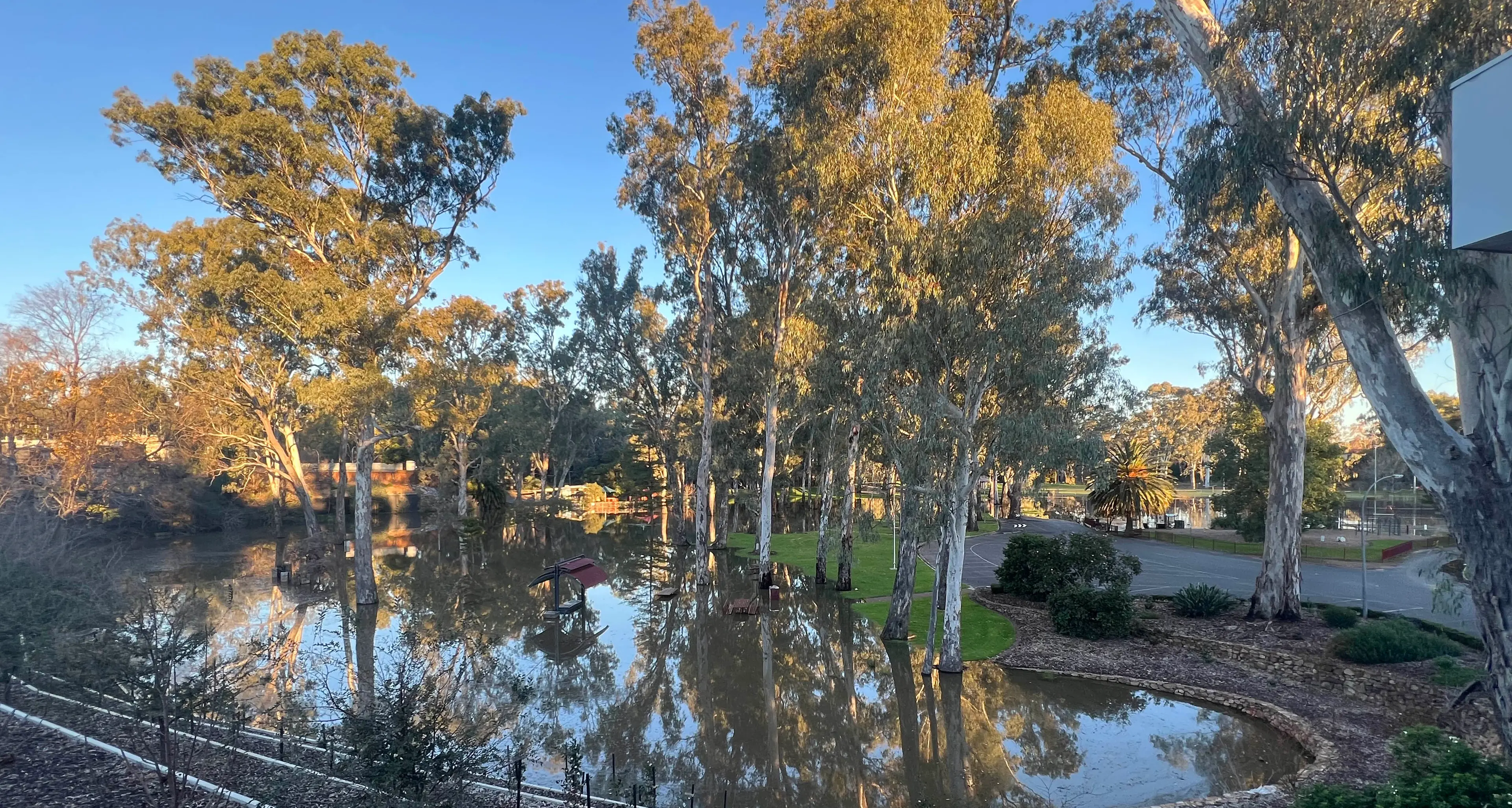 Merriwa Park submerged as Ovens River peaks just below major flood level