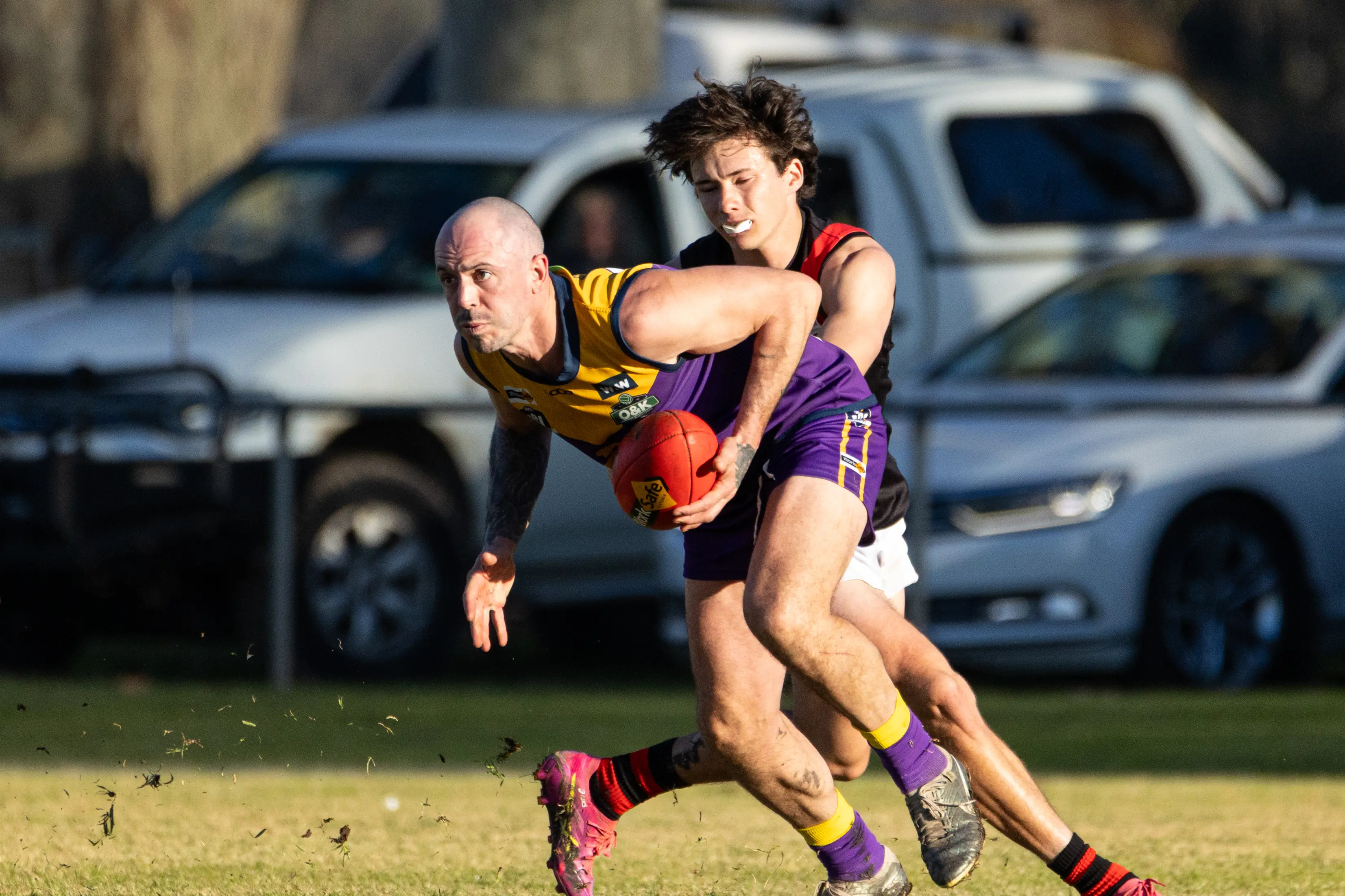 <p>TOO STRONG: Josh Bell shrugs the tackle. PHOTO: Marc Bongers</p>\\n