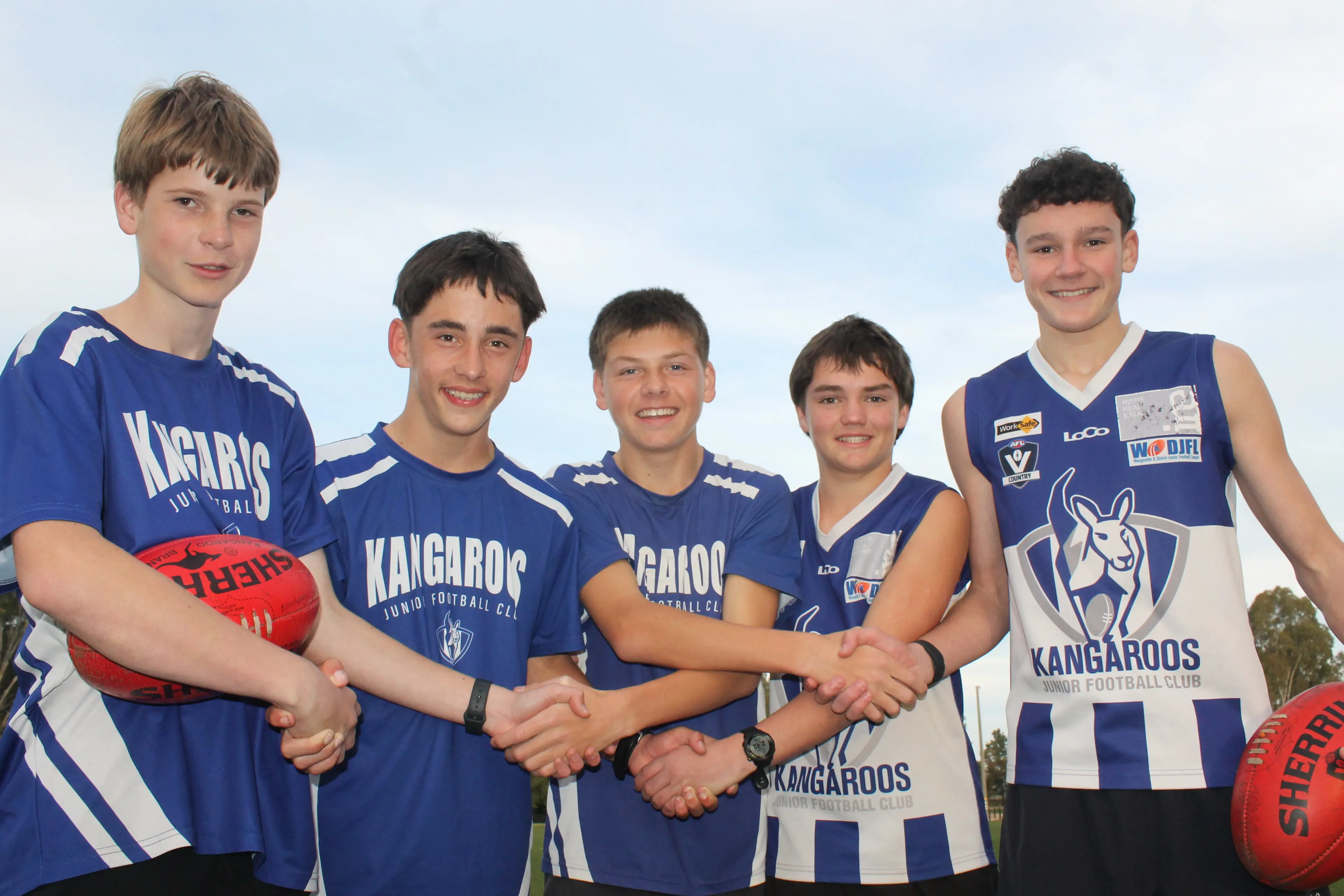 <p>IN IT TOGETHER: Joah Vanbergen, Jayden Foster, Dayne Jeffries, Charlie Kelly and Jack Pople from the Kangaroos Junior Football Club are rallying around Respect Round this weekend. PHOTO: Bailey Zimmermann</p>\\n