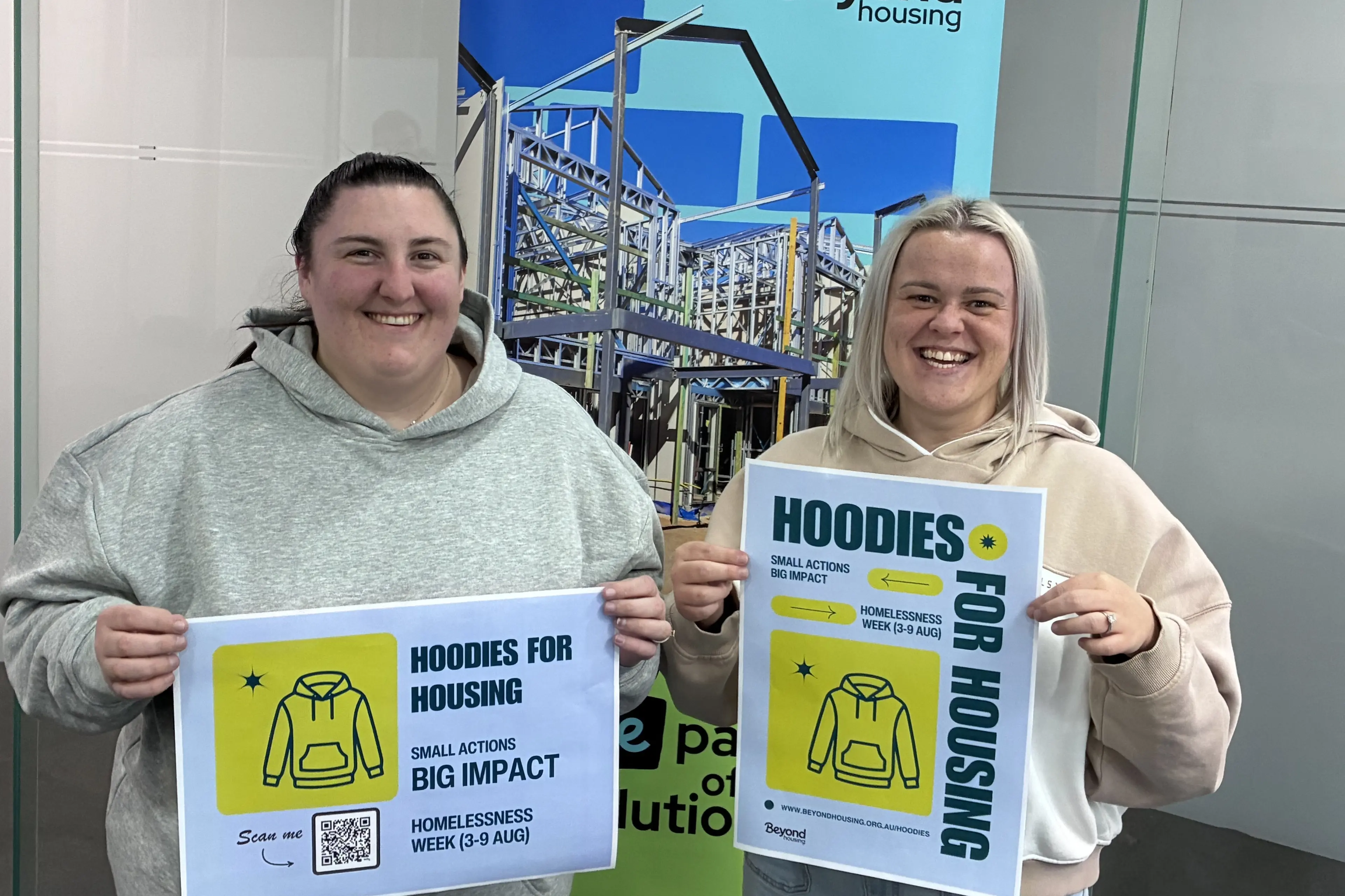<p>IT\\'S A COMMUNITY EFFORT: Beyond Housing property manager Isabella Kenworthy and housing services team leader Jessica Williams encourage locals to get behind the Hoodies for Housing fundraiser.</p>\\n