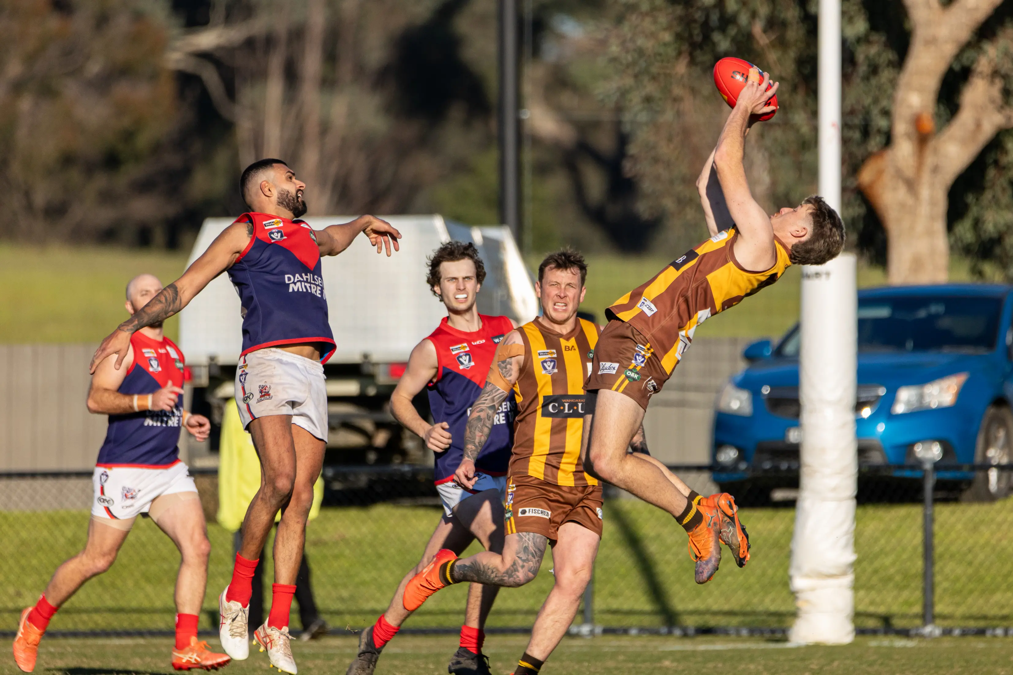 <p>WHAT A GRAB: Jayden Adamo bends over backwards to take the mark inside forward 50 for North Wangaratta. PHOTO: Marc Bongers</p>\\n