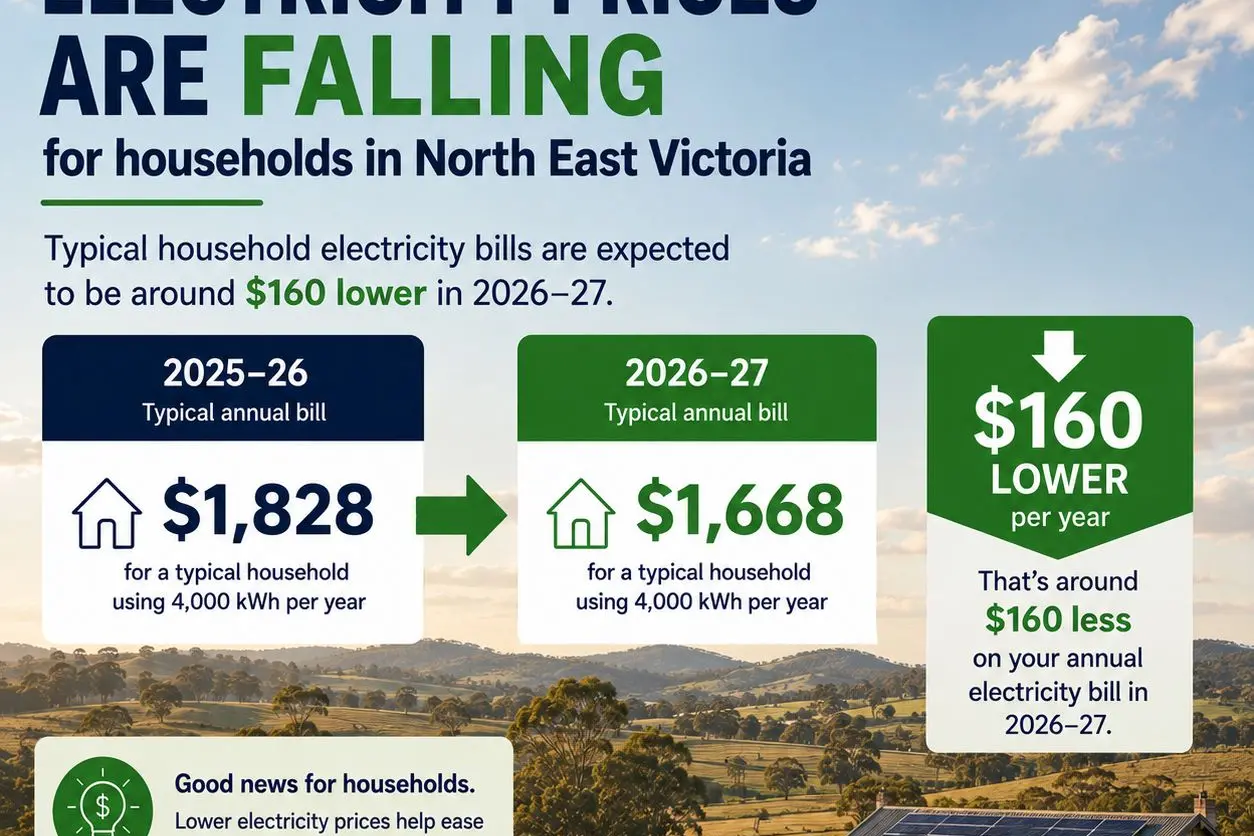 <p>POWER SAVINGS: Typical household electricity bills in North East Victoria are expected to drop by around $160 for the 2026\\u201327 financial year under the latest Victorian Default Offer estimates.</p>\\n