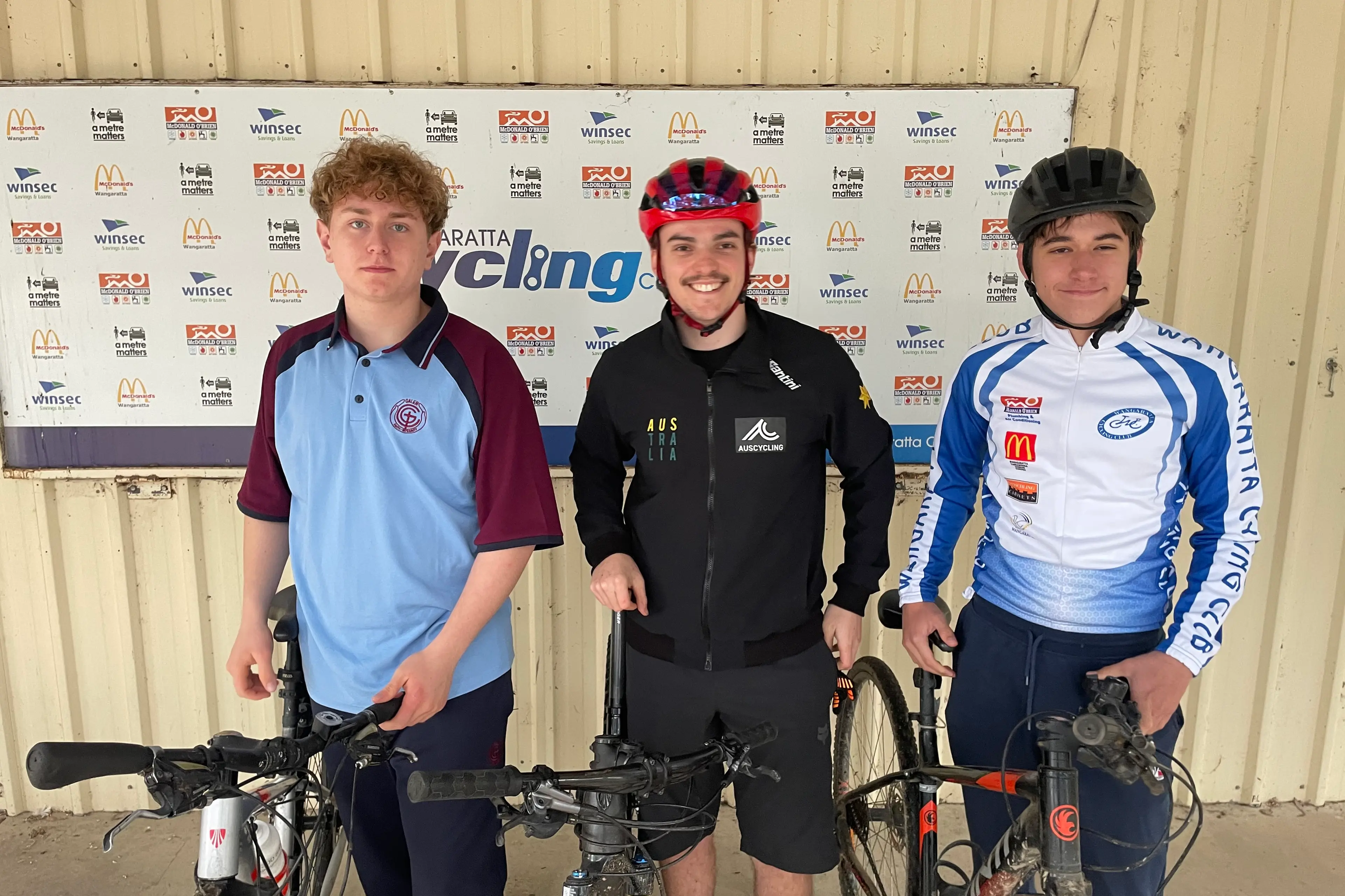 <p>LEARN TO RIDE: Former Australian representative mountain biker Riley Corke (centre) with junior riders Simone Terranera and Julien Solier-Barbant.</p>\\n
