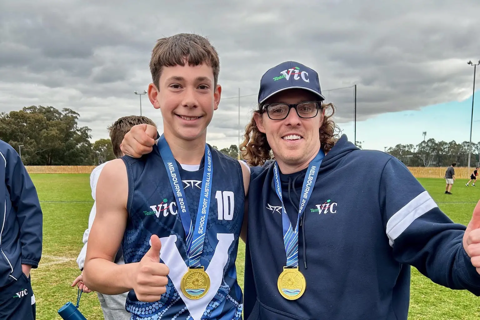 <p>GOT THE GOLD: Galen Catholic College\\'s Judd Campbell and Aron Lombardi after winning the School Sport Australia Games Football Championship.</p>\\n
