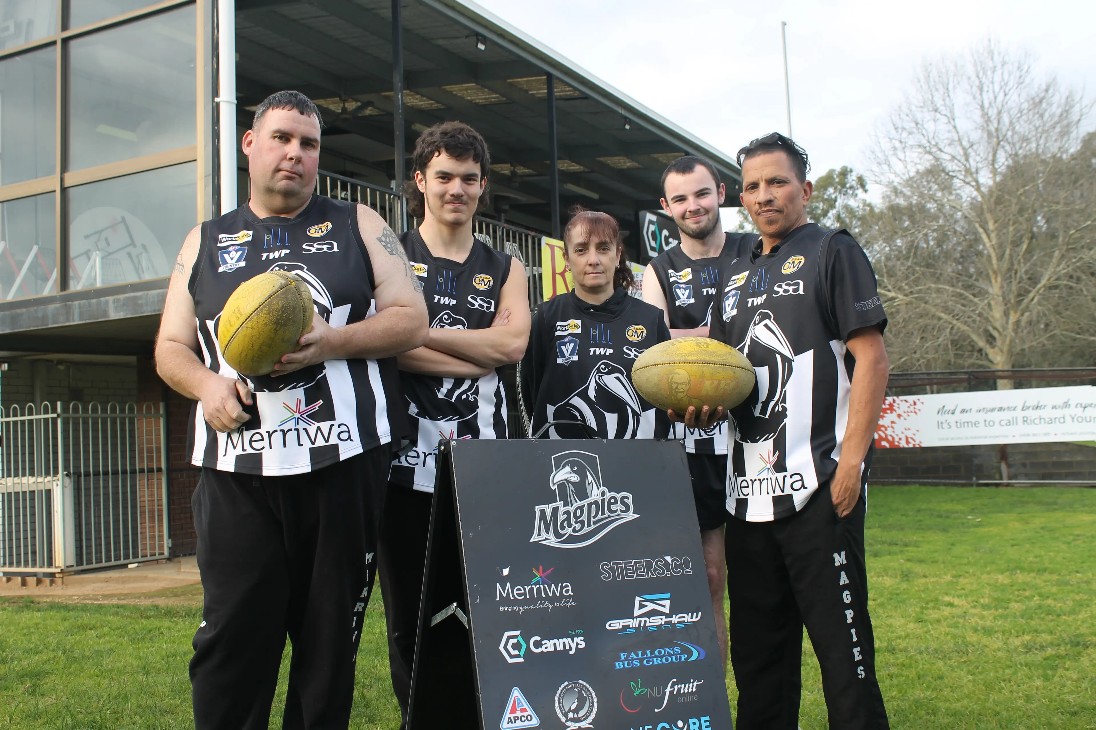 <p>WE ARE THE MAGPIES: Wangaratta Merriwa Magpies All Abilities Football players (from left) Daniel Moore, Dylan Vescio, Santina Popoura, Bam Wah, and Daniel Tresize will front up for their last carnival of the FIDA season this Sunday at North Wangaratta. PHOTO: Nathan de Vries</p>\\n