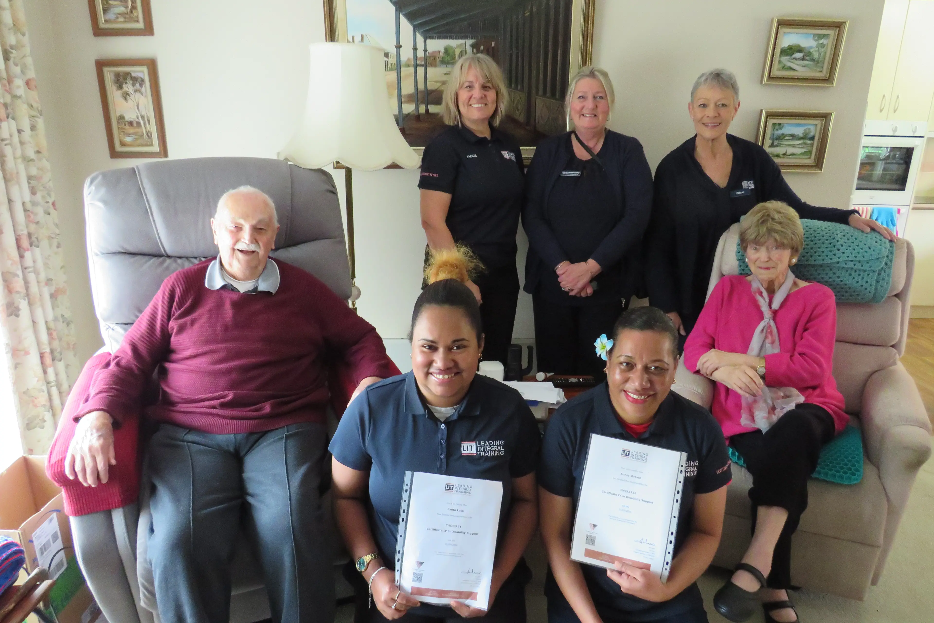 <p>BUILDING SKILLS: Graduates Eseta Lato and Annie Brown (front) with Wangaratta residents Ken and Janet Clarke, and (back) Jackie Larkin from Leading Integral Training and Suzanne Handley and Alison McLean from North East Quality Care. PHOTO: Simone Kerwin </p>\\n