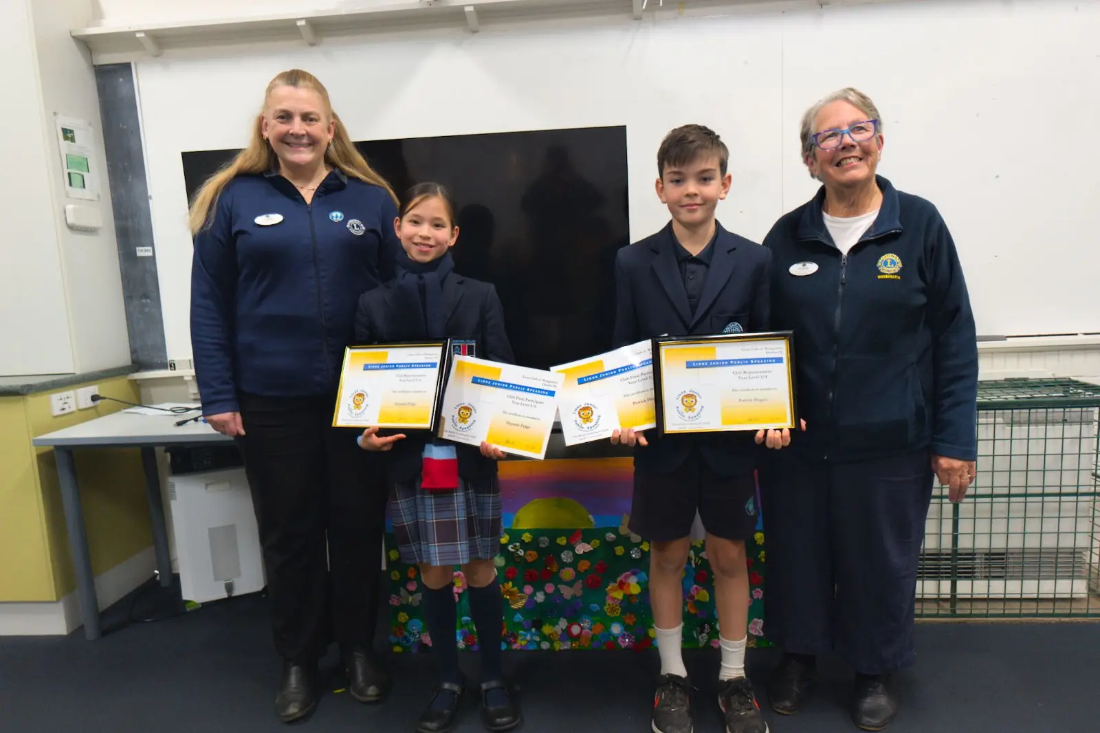 <p>SKILLED SPEAKERS: Wangaratta Lions Club president Jo Howell (far left) and Judy Byrne MC (far right) joined by the 2026 junior speaking contest winners (from left)  Cathedral College student Hypatia Fidge (grade 5/6 section) and Wangaratta West Primary School student Patrick Hogan (grade 3/4 section). </p>\\n