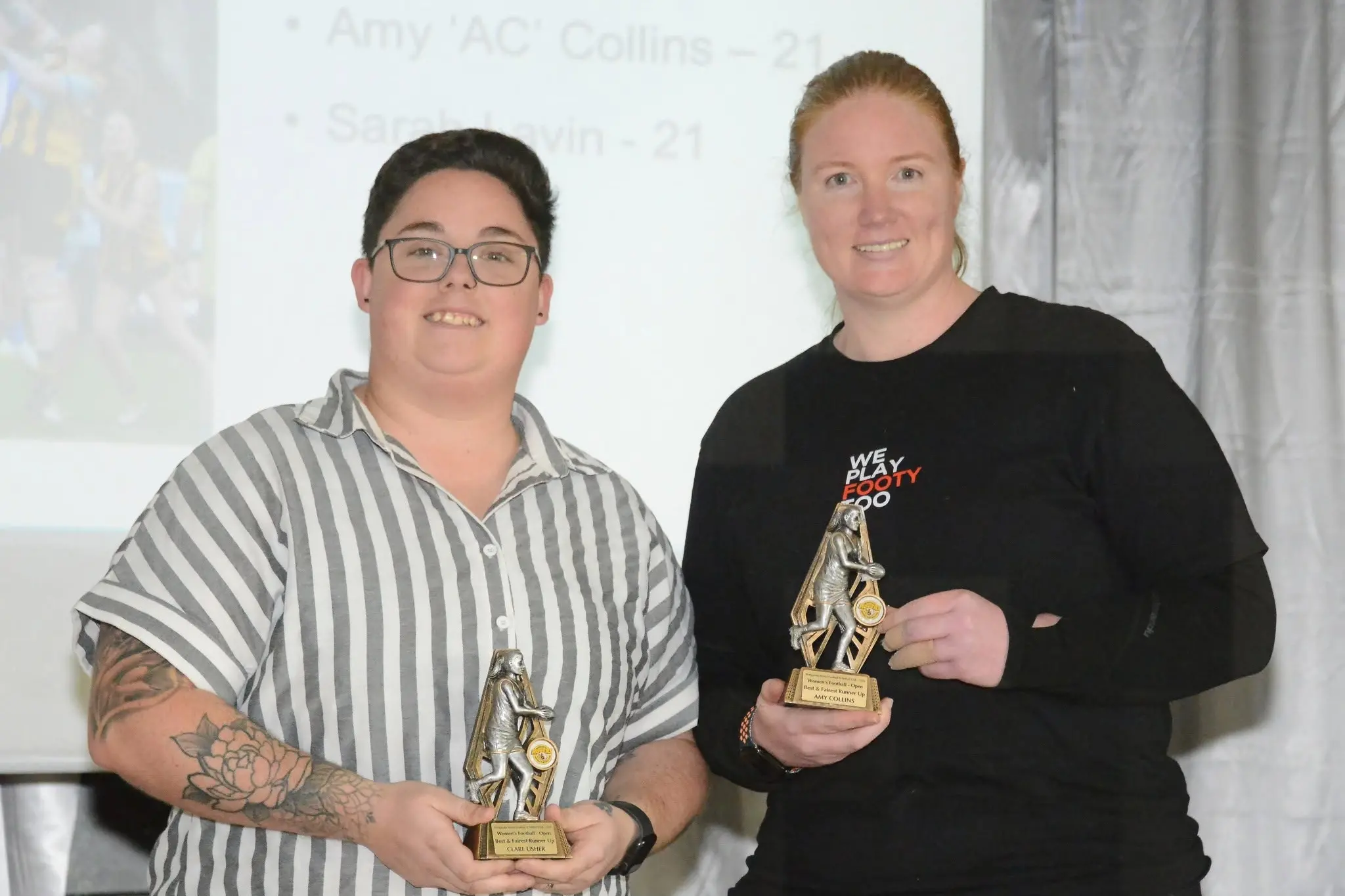 <p>AWARD WINNERS: Clare Usher (left) claimed the open women\\'s Coaches Award and runner up Best and Fairest, shared with Amy Collins (right). PHOTOS: Kev McGennan </p>\\n