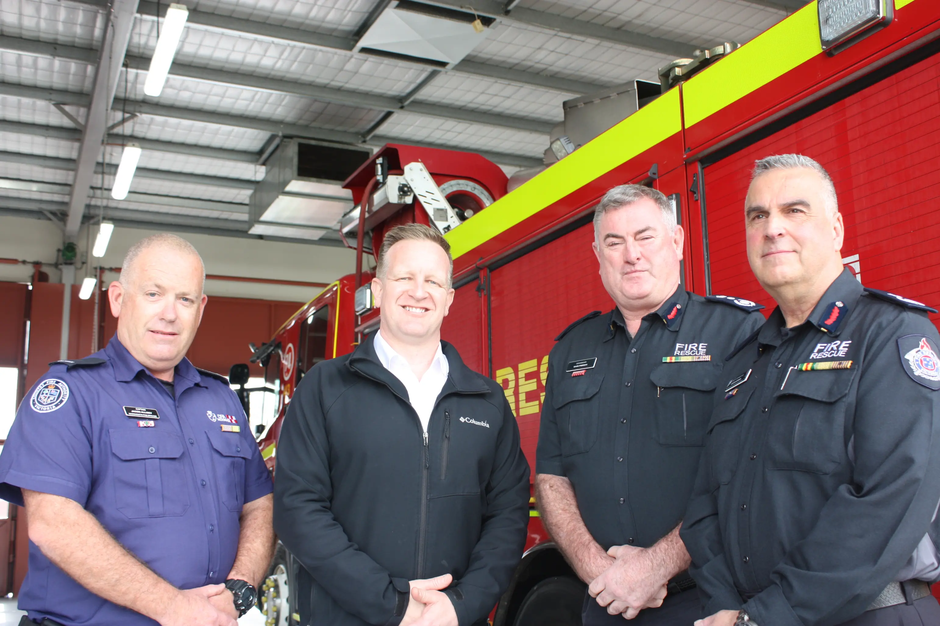 <p>SAYING HI: Wangaratta CFA brigade captain Jason Allisey (left), Minister for Emergency Services Paul Edbrooke, FRV commissioner Gavin Freeman and FRV deputy commissioner Costa Katsikis at Wangaratta fire station. PHOTO: Bailey Zimmermann</p>\\n
