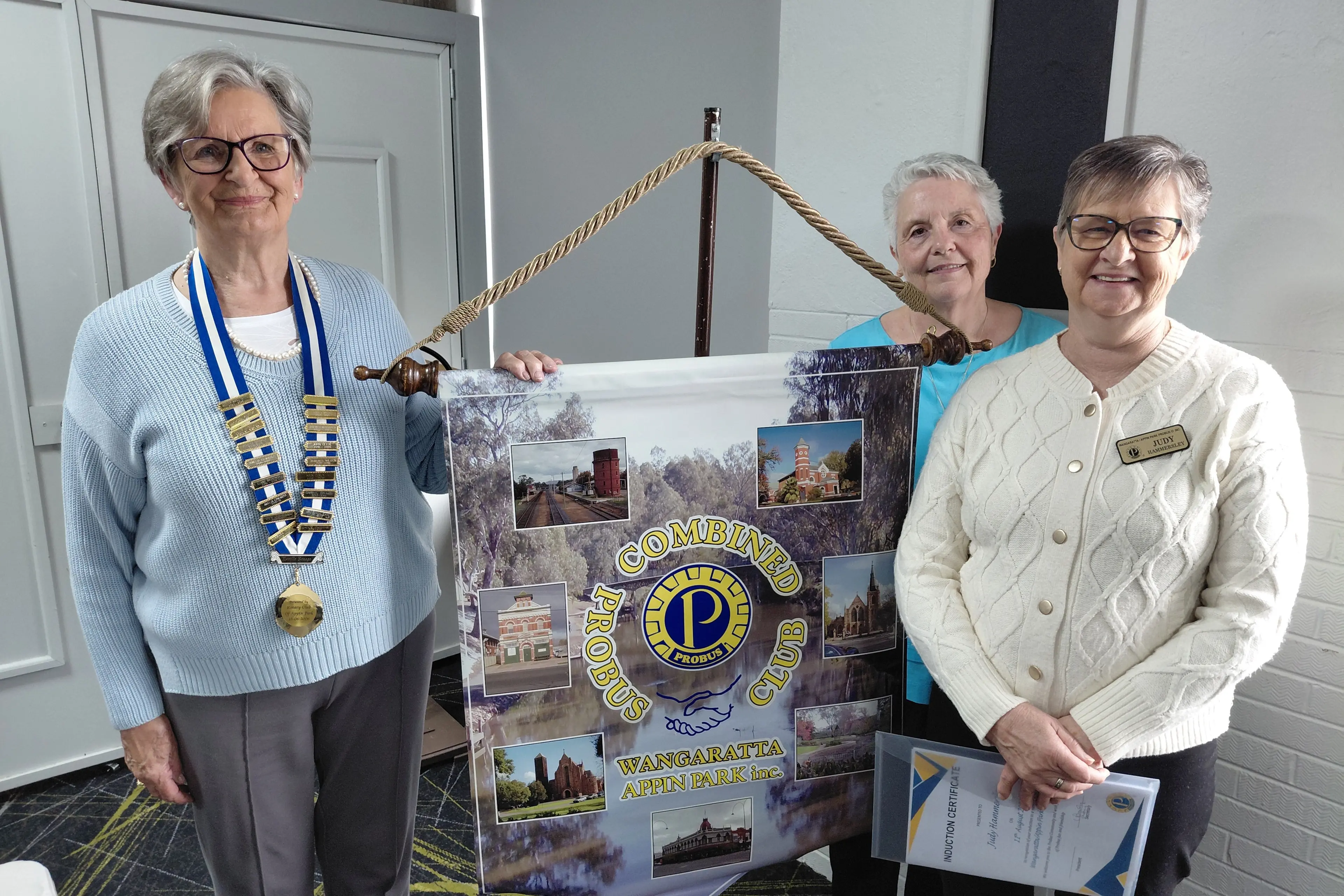 <p>At the Wangaratta Appin Park Combined Probus August meeting, president Amelia Edwards (left) inducted our newest member, Judy Hammersley (right),introduced to the club by her friend Cheryl Lengrand.(background). </p>\\n