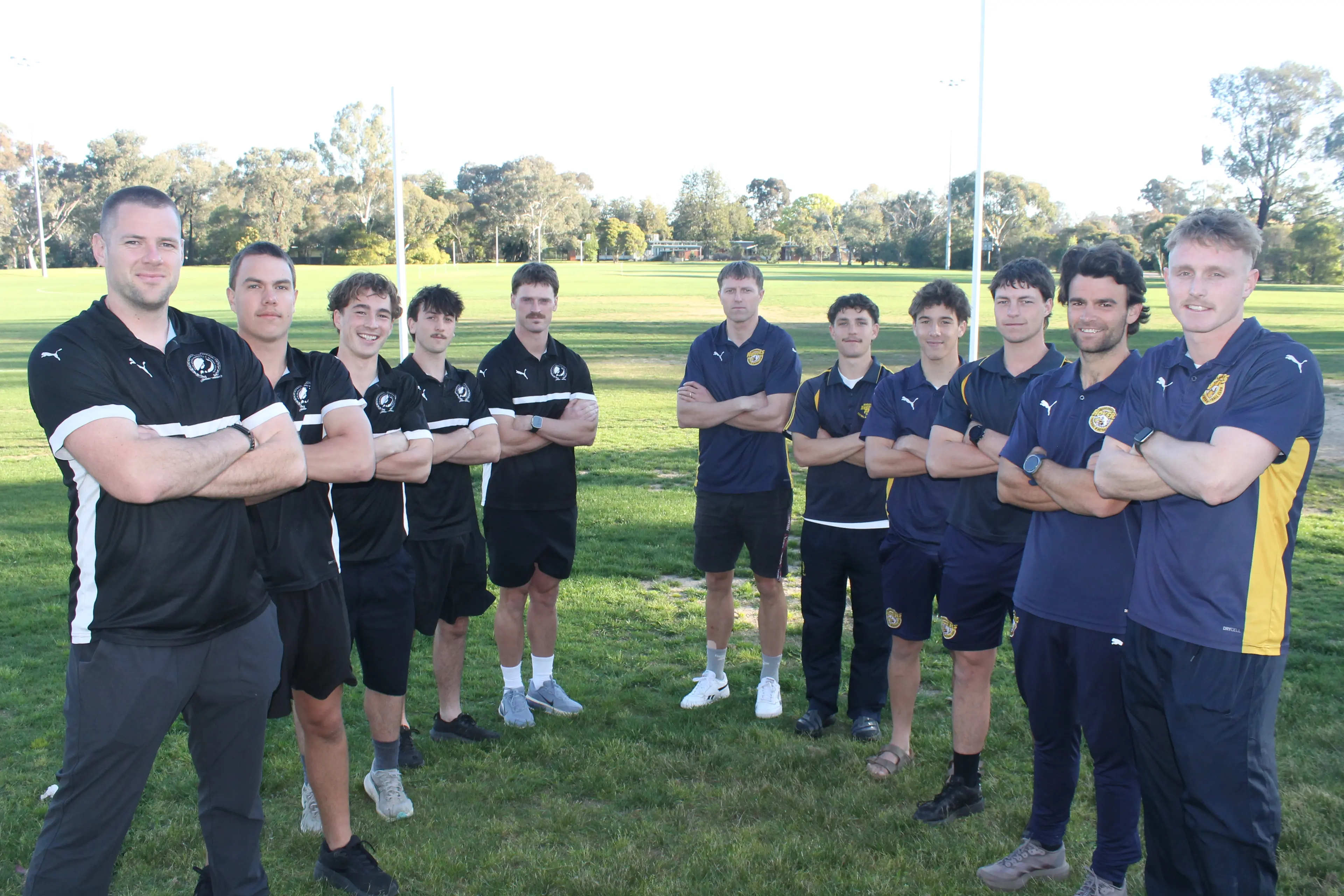 <p>CHOOSE A SIDE: (From left) Magpies Chris Knowles, Charlie Haring, Will Prebble, Callum Bott and Jackson Clarke will feature on grand final day alongside Rovers Tom Boyd, Sam Nolan, Noah Scholte, Harry Nolan, Harrison McCarthy, and Joel Smith. PHOTO: Nathan de Vries</p>\\n