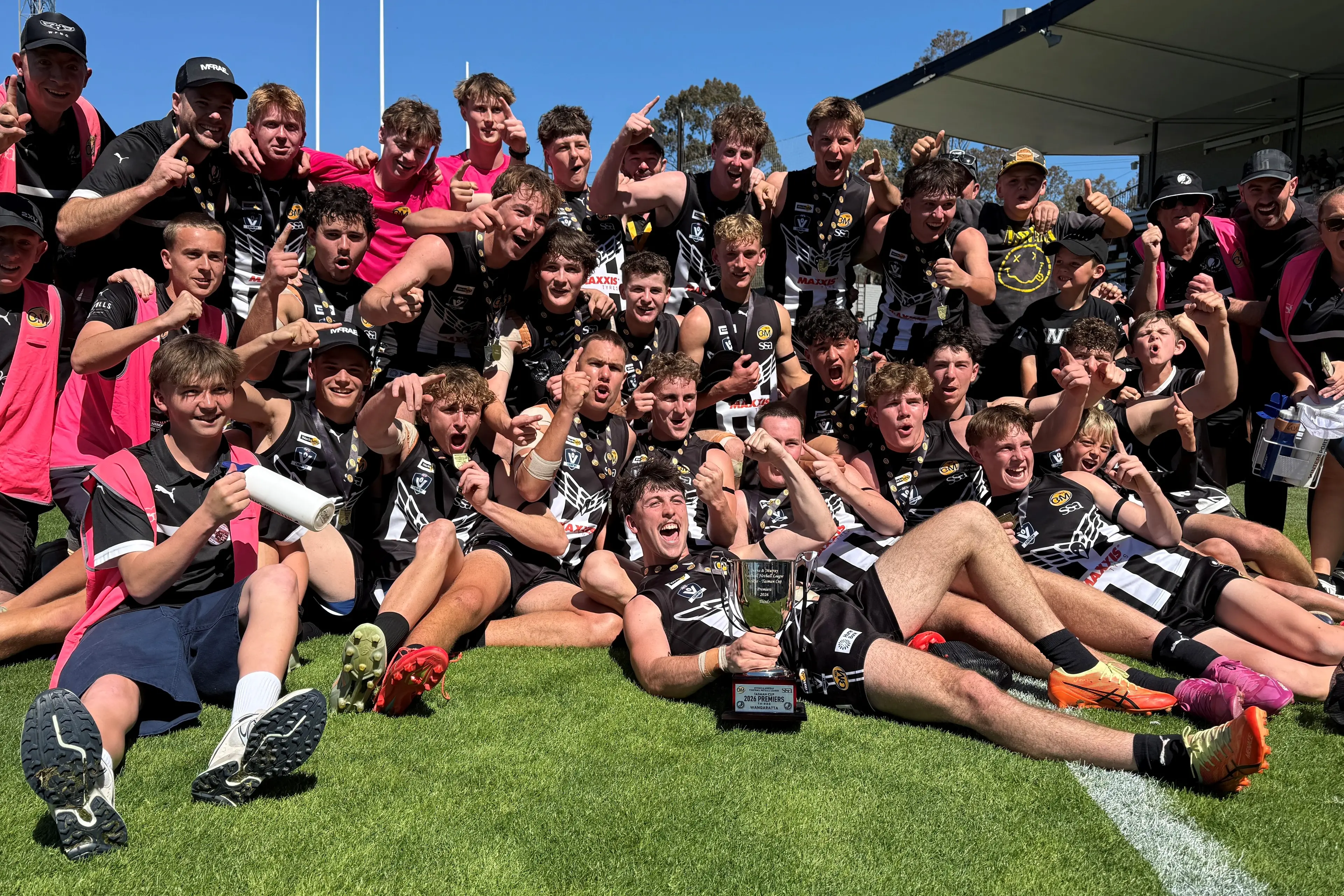 <p>CHEER, CHEEER THE BLACK AND THE WHITE: Wangaratta Magpies claimed victory in the O&M thirds grand final by 16 points. PHOTO: Melissa Beattie</p>\\n