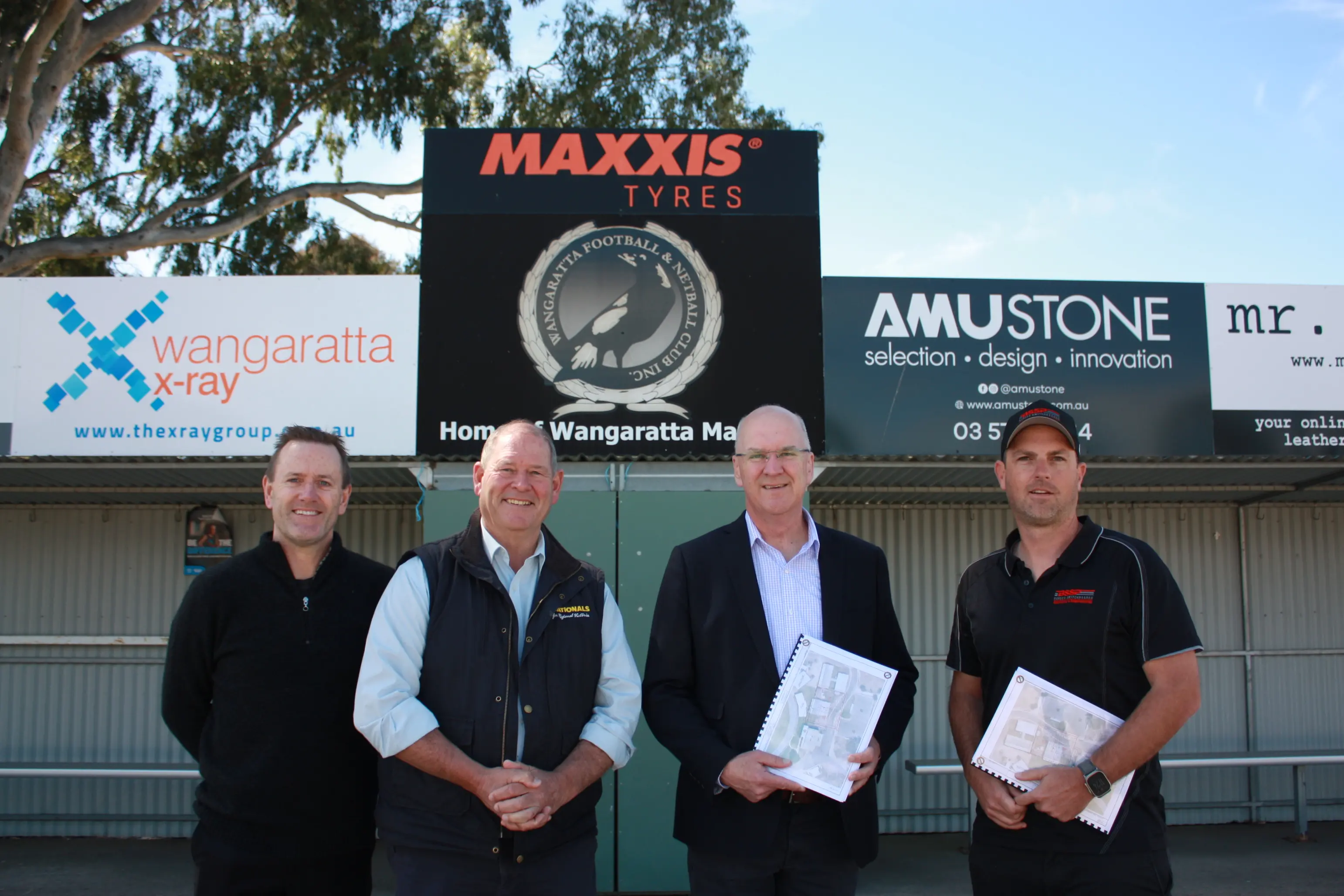 <p>CALL FOR FUNDING: Wangaratta Magpies Football Netball Club (left) former president Tony Goodison and (right) vice president Brennan Jenvey shared the club\\'s proposal with (second from right)  Nationals\\u2019 leader Danny O\\u2019Brien and (second from left) Ovens Valley member Tim McCurdy during a visit last week. PHOTO: Jordan Duursma </p>\\n