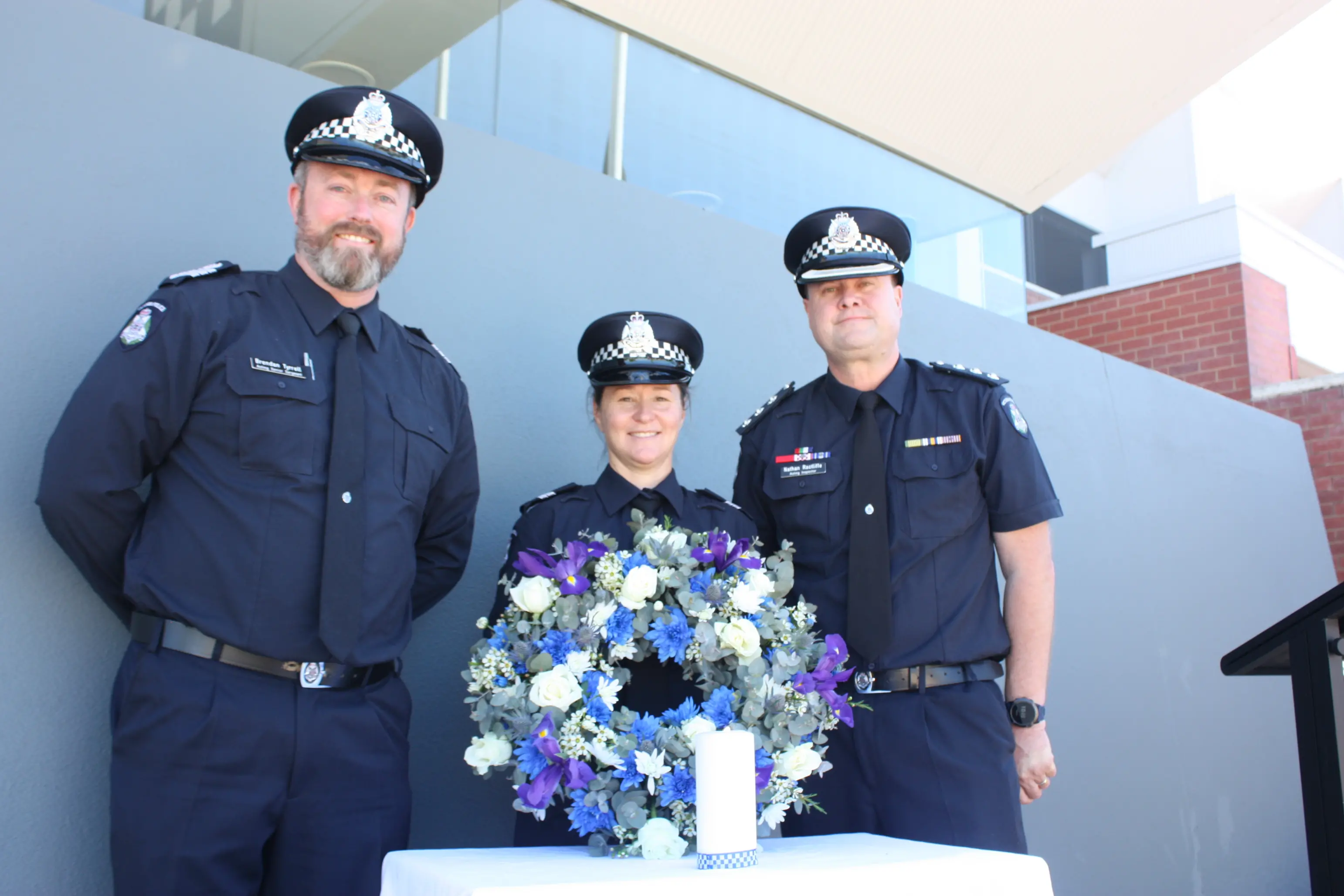 <p>NEVER FORGOTTEN: Wangaratta police\\'s Acting Senior Sergeant Brendan Tyrrell, Senior Constable Hayley McDonald and Acting Inspector Nathan Ractliffe paid their respects for National Police Remembrance Day on Tuesday. PHOTOS: Bailey Zimmermann</p>\\n