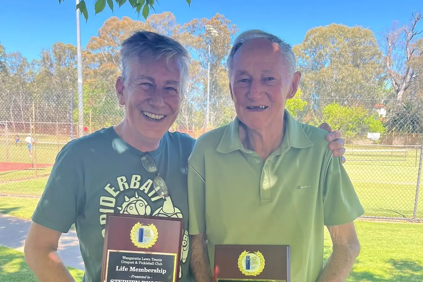 <p>HAPPY INDUCTEES: Stephen Russell and Mick Keogh were awarded life memberships with the Wangaratta Lawn Tennis Croquet and Pickleball Club at the AGM last week.</p>\\n