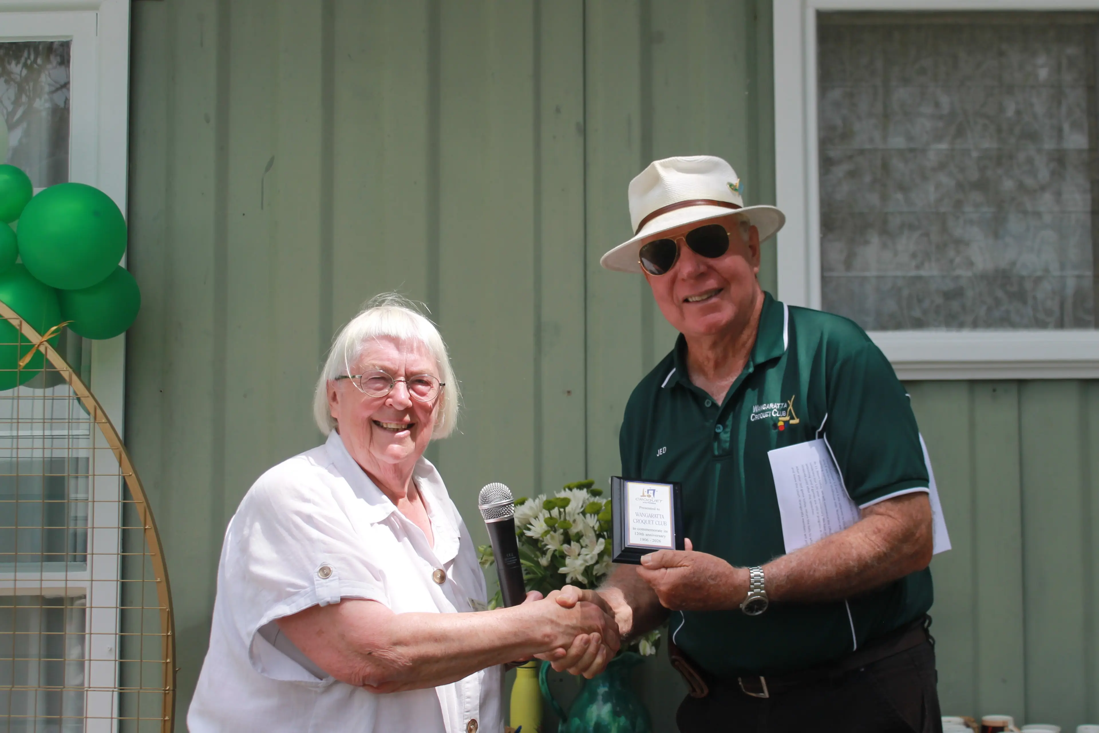 <p>CONGRATULATIONS IN ORDER: Croquet Victoria president Kate Patrick (left) was pleased to present Wangaratta Croquet Club president Jed Hart with a commemorative 120-year club anniversary plaque on Tuesday 20 October. PHOTOS: Grace Fredsberg</p>\\n